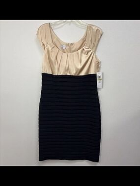 London Times Beige Satin Bodice with Black Textured Midi Sheath Dress